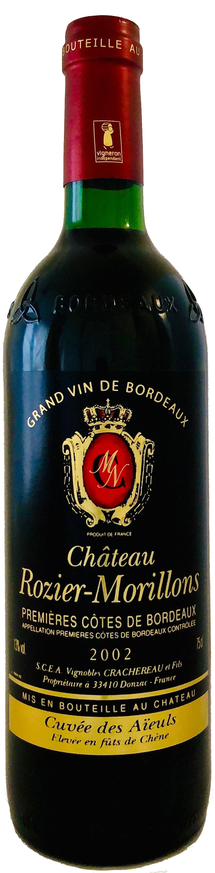 Château ROZIER-MORILLONS AOC PREMIÈRES CÔTES DE BORDEAUX ROUGE – cuvée des Aïeuls - 2002 – 75 cL – Agriculture Raisonnée